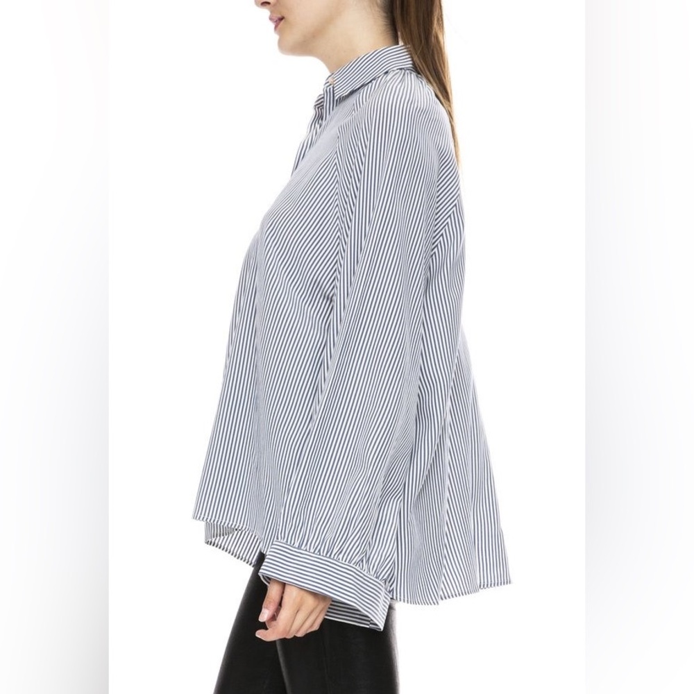 Nili Lotan Leah Blue and White Bell Sleeve Button Up Blouse Shirt - Picture 2 of 8